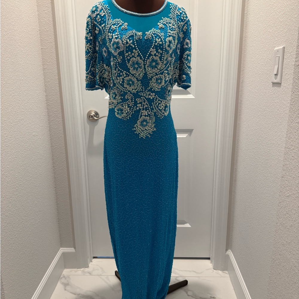 Rare Light Blue Vintage Lawrence Kazar maxi dress with beaded embroidery SzSmall